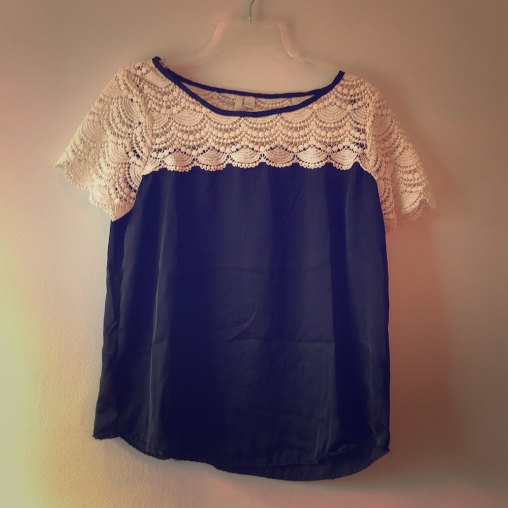 Lauren Conrad Black Silk Top with White Lace